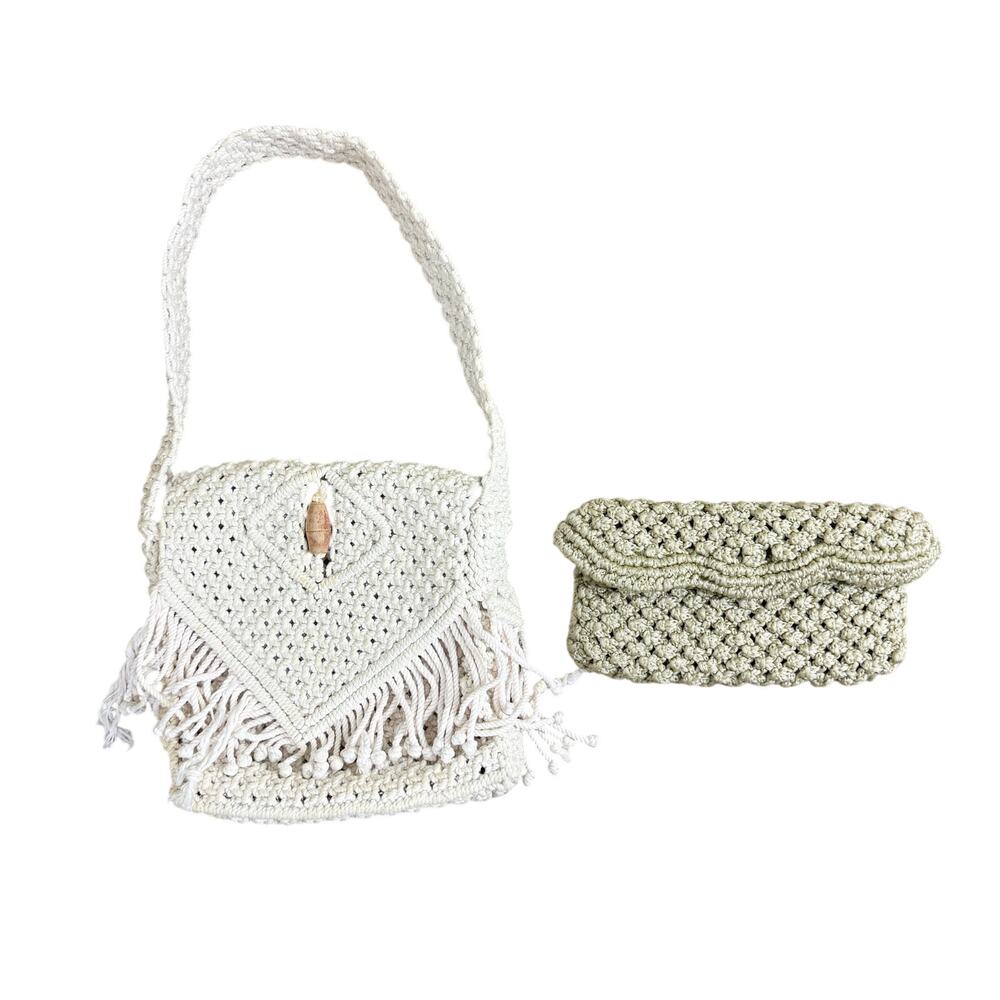 Vintage Cream & Tan Set of 2 Handmade Macrame Handbags VGUC Shoulder Bag/Clutch